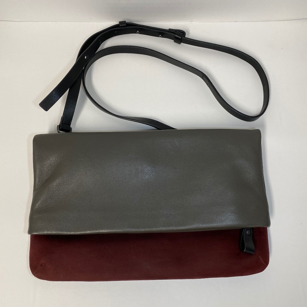 Skagen Leather Fold Over Purse • Grey & Burgundy • Long Strap